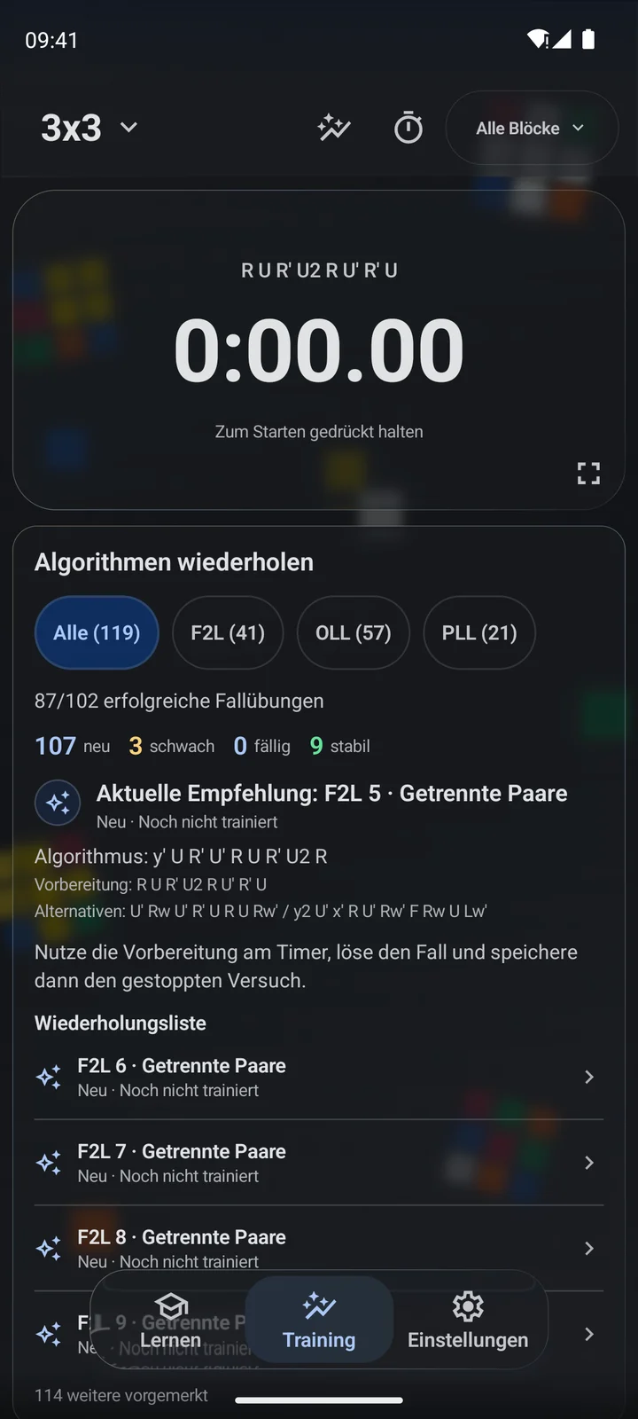 Cubiq · Algorithmen und Phasen trainieren · Deutsch